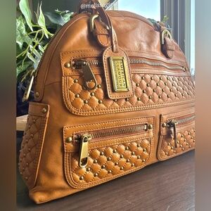 Badgley Mischka Caramel Leather American Glamour Bag With Bronze Studs. NWT